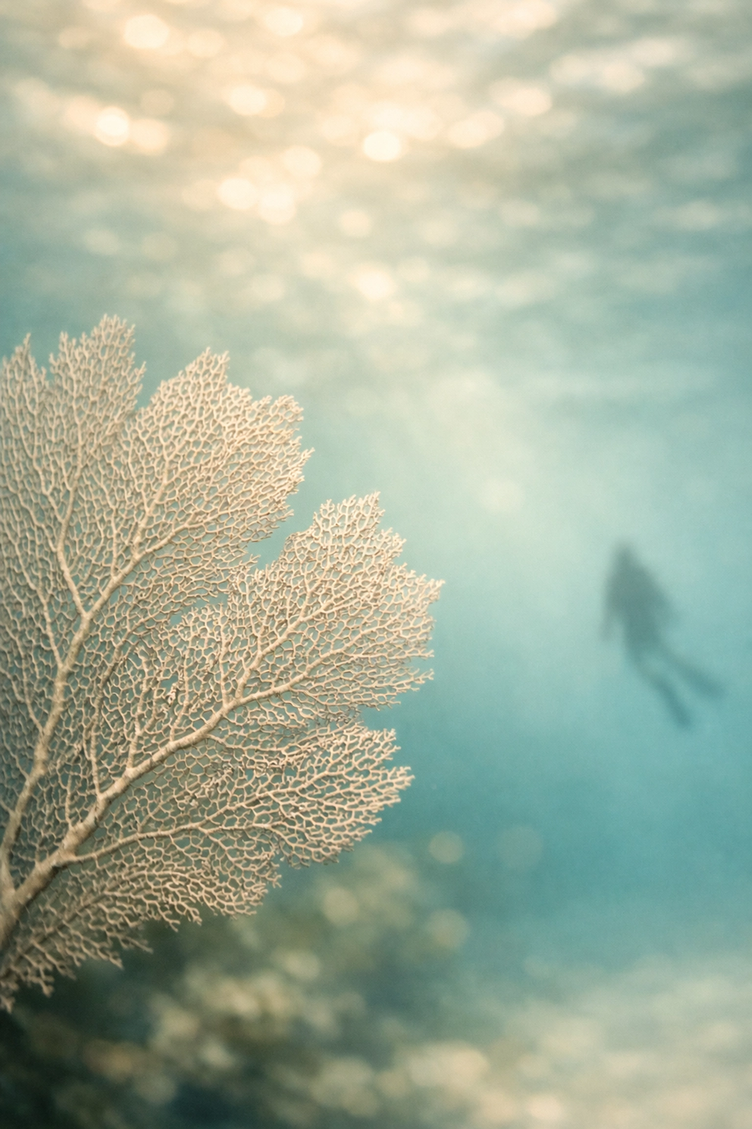 Minimalist view of a sea fan in clear turquoise water during a peaceful scuba diving trip.