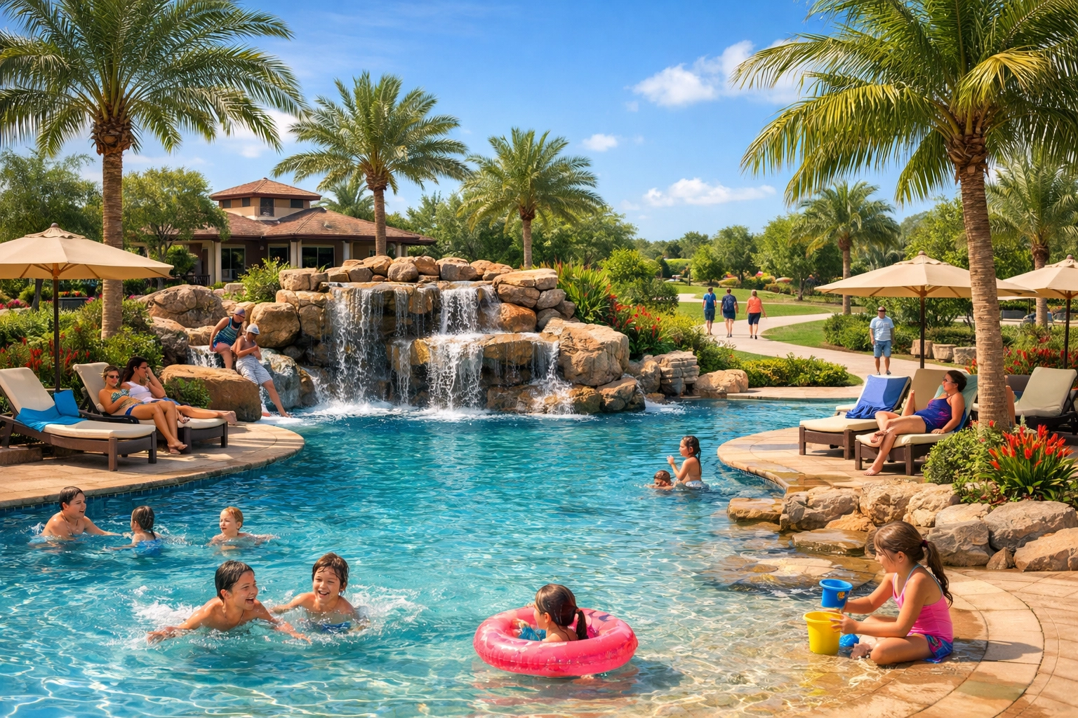 Resort-style pool amenities in gated Cape Coral community with families enjoying waterfront lifestyle