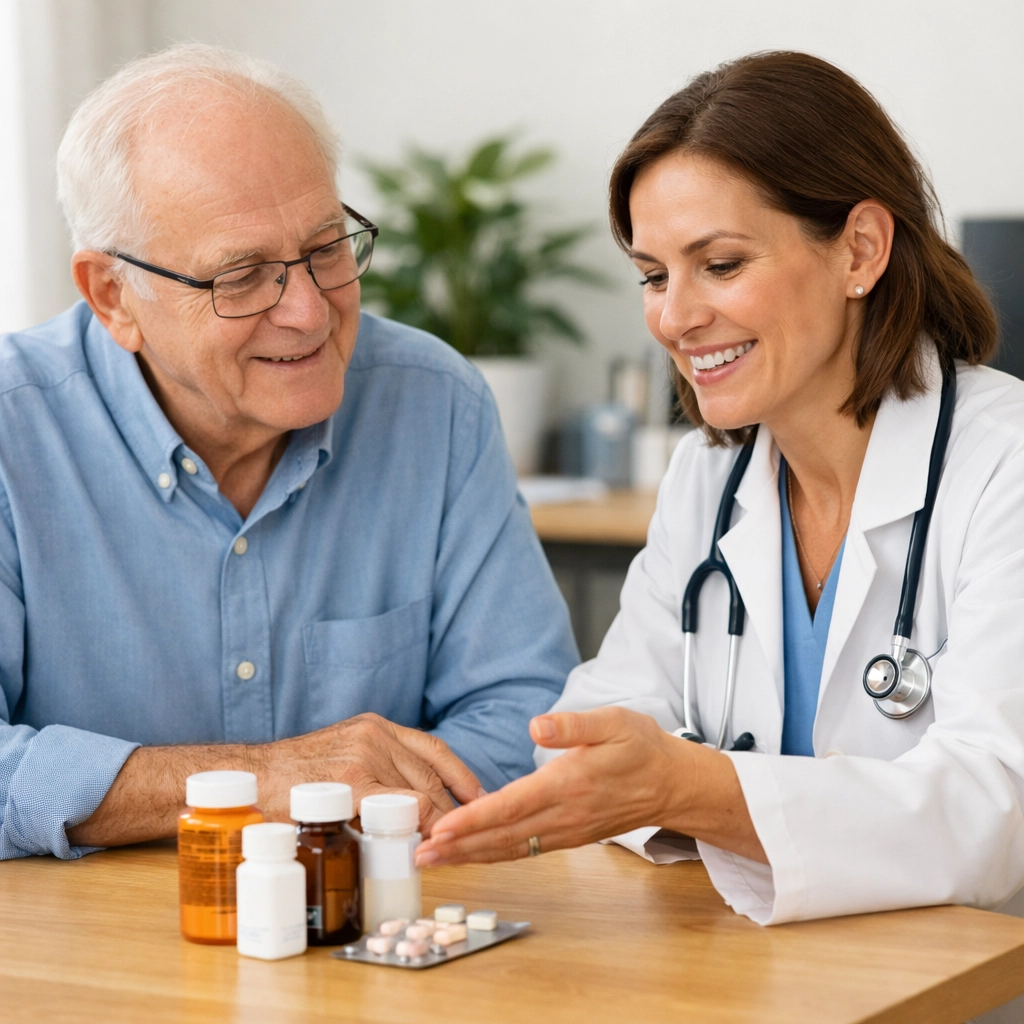 Doctor and senior adult reviewing prescriptions for safety and fall risk assessment.