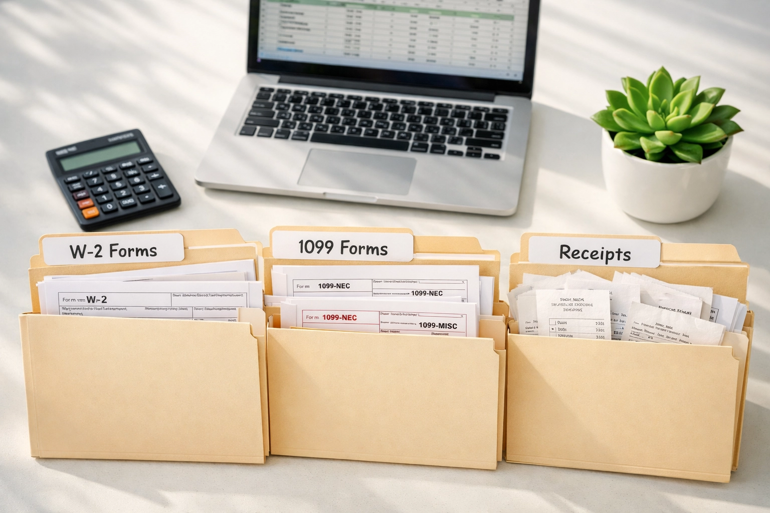 Organized tax documents including 1099 forms and receipts ready for small business tax filing Organized tax documents including 1099 forms and receipts ready for small business tax filing