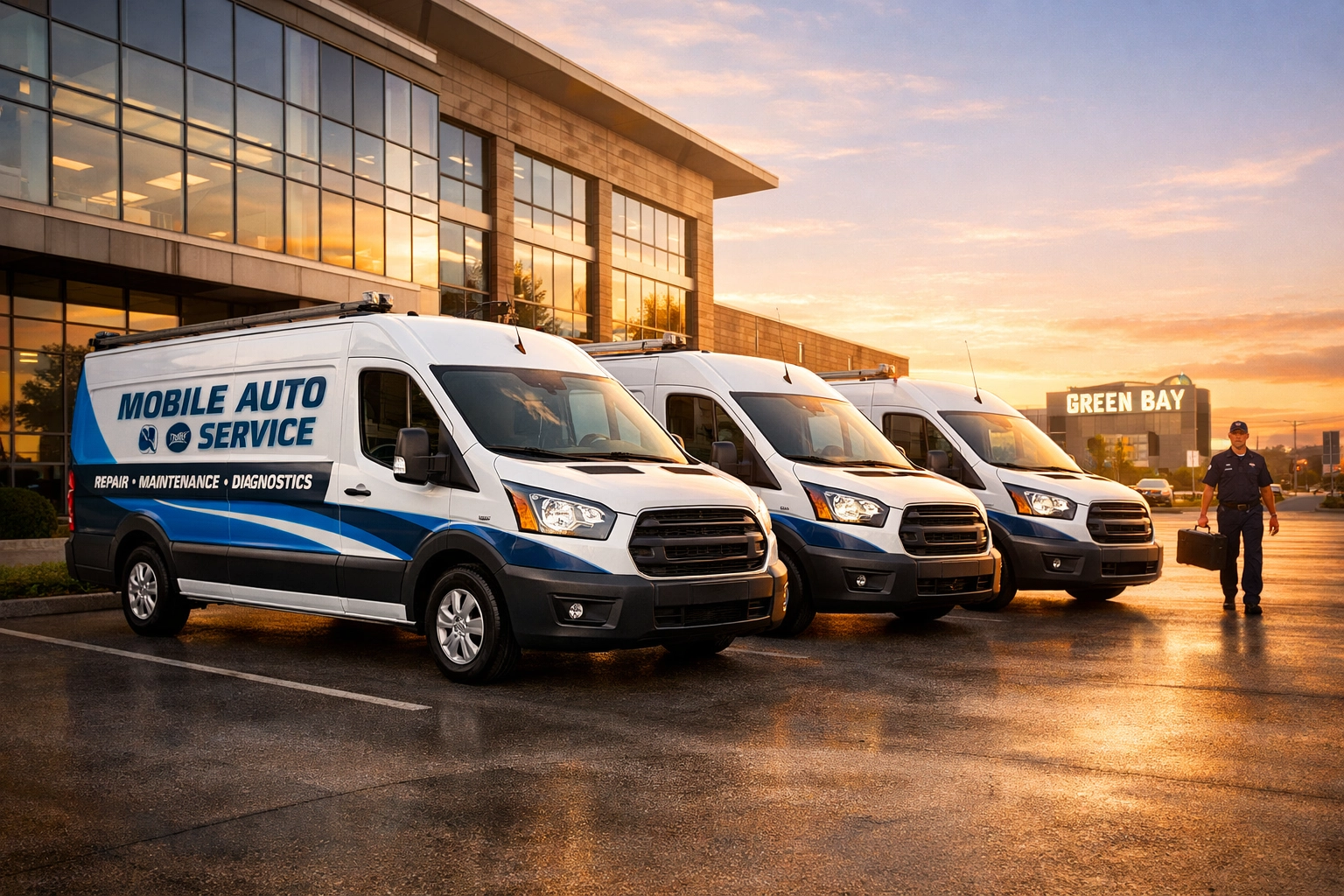 Mobile mechanic fleet providing convenient on-site automotive service at a Green Bay office building.