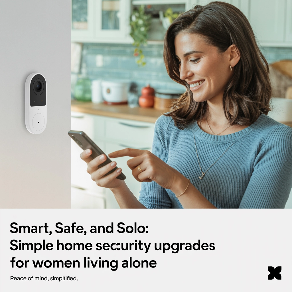 Photo of a smiling woman in a blue sweater synching her phone to her home security system. A kitchen counter with various items is slightly blurred in the background. Safe at Home: Easy Security Upgrades for Women