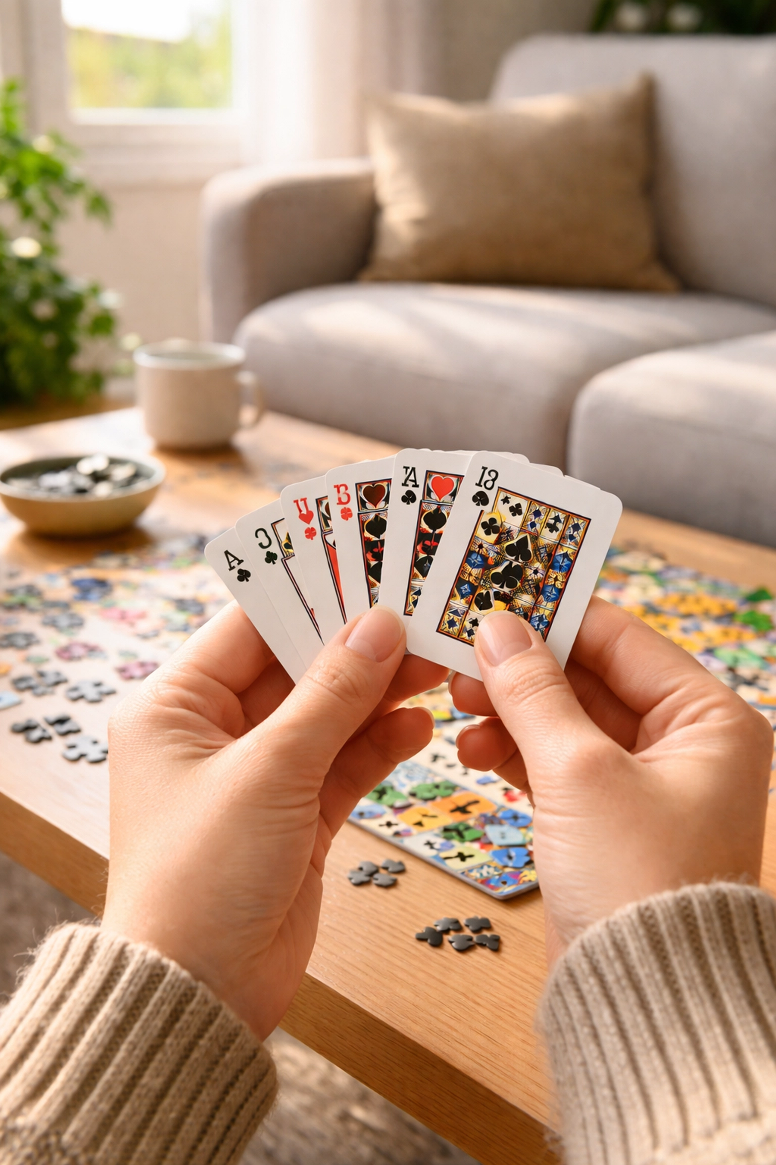 Hands holding custom playing cards next to a branded jigsaw puzzle, unique giveaway items for trade show engagement