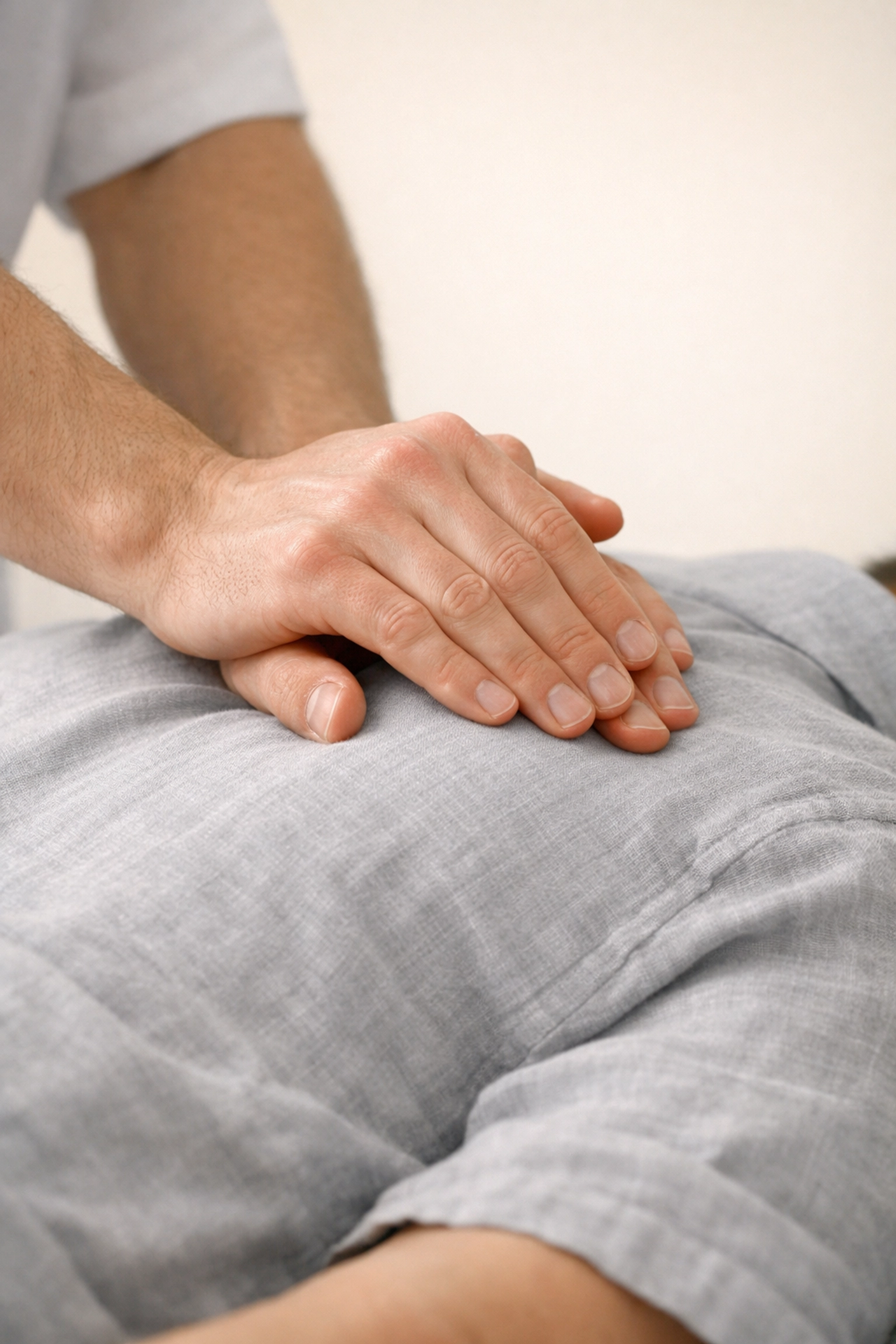 Close-up of a professional chiropractor's hands performing a spine adjustment to highlight expert patient care.