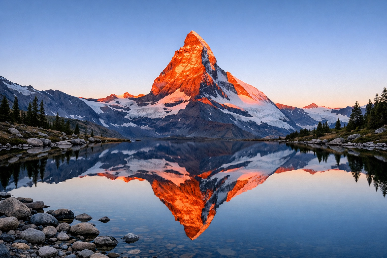 Serene mountain lake reflection during a vibrant sunrise showing landscape photography mastery.