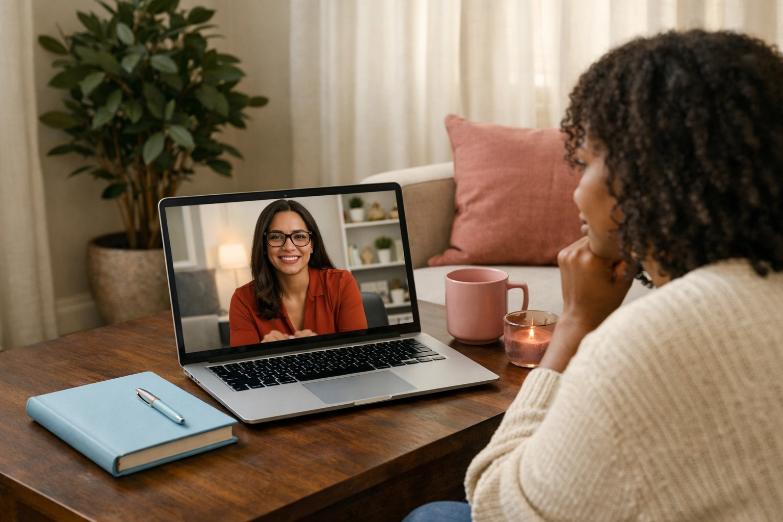 A Black woman joins an online therapy session from her off-white (#F2F1EA) living room, with rose (#E8AAAA/#D98283) and light blue (#CEEBEC) accents, deep brown (#663C35) wood tones, and an olive green (#58532B) plant—showing how virtual care can fit real life.