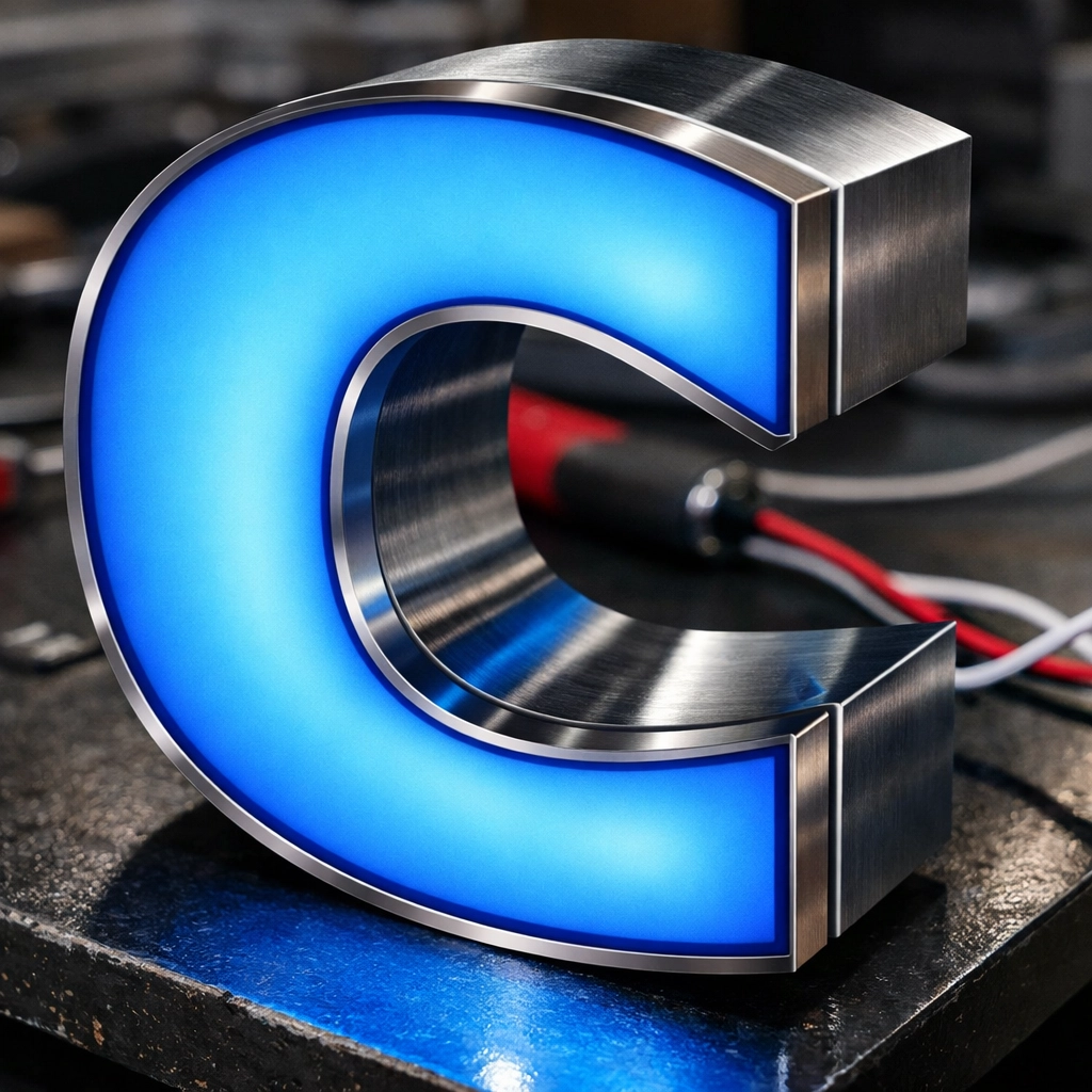 Close-up of a custom-manufactured blue LED channel letter showing quality craftsmanship and lighting.