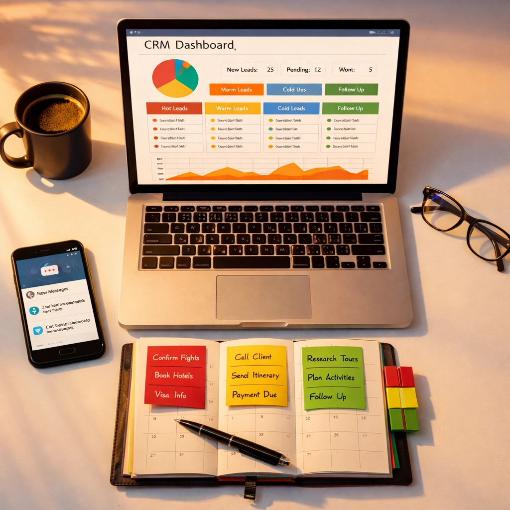 Travel agent evening workspace with CRM dashboard and lead tracking system