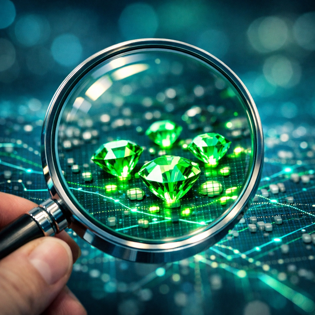 A magnifying glass finding profitable low-competition keywords as gemstones on a digital data map.