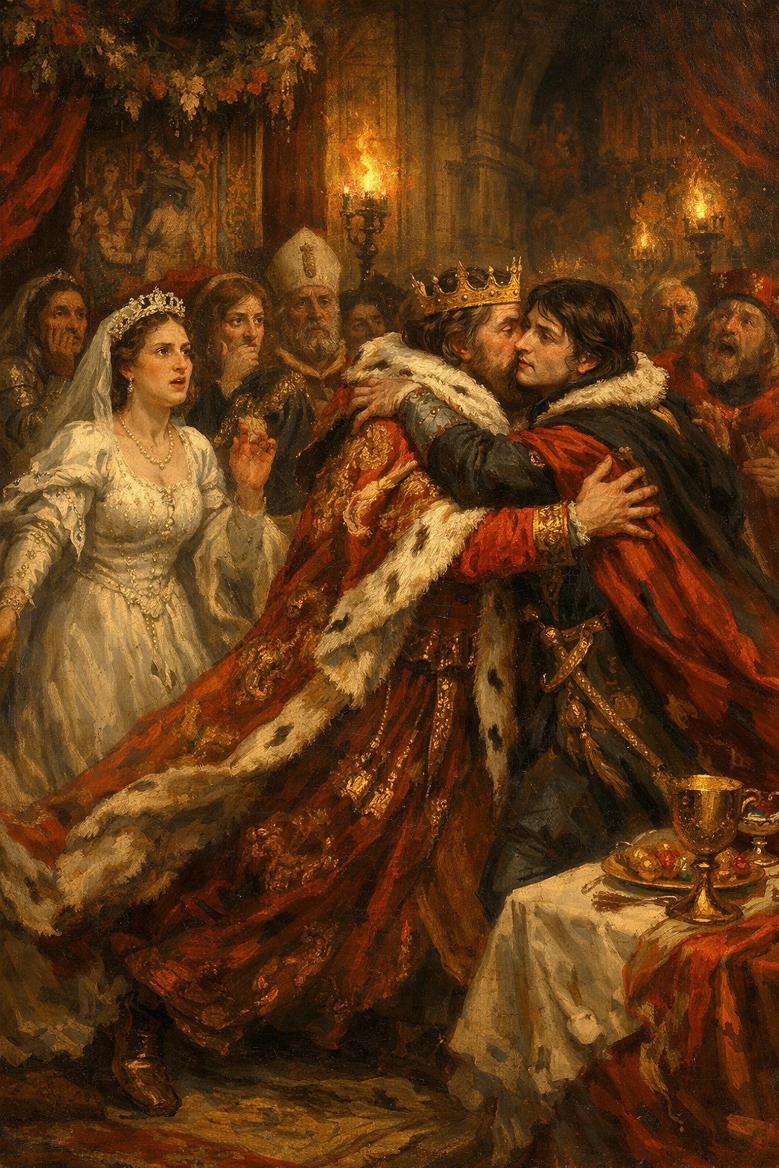Edward II embracing Gaveston at his wedding to Isabella of France - royal gay scandal