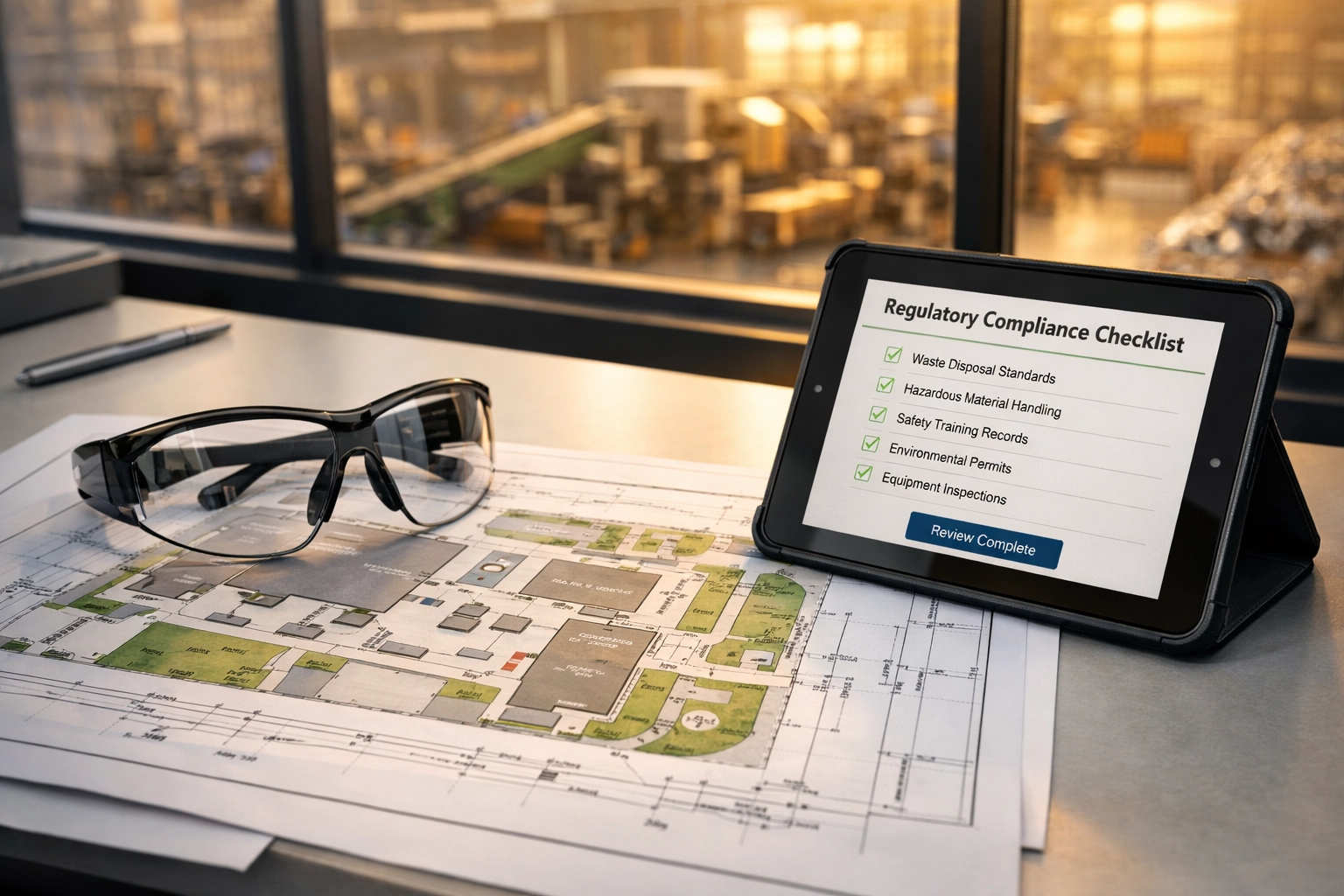 Redemption center office desk with facility site plans and a regulatory compliance checklist for CT permits.