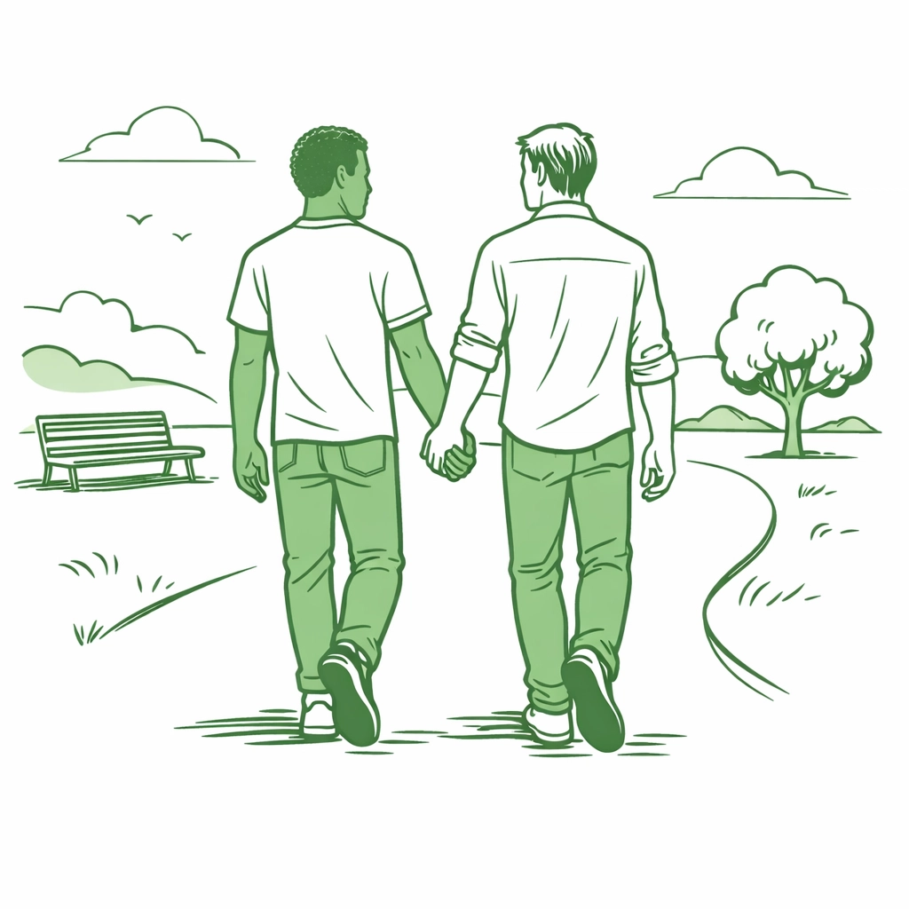 A diverse male couple holding hands, reflecting the inclusive and empathetic representation found in gay literature.