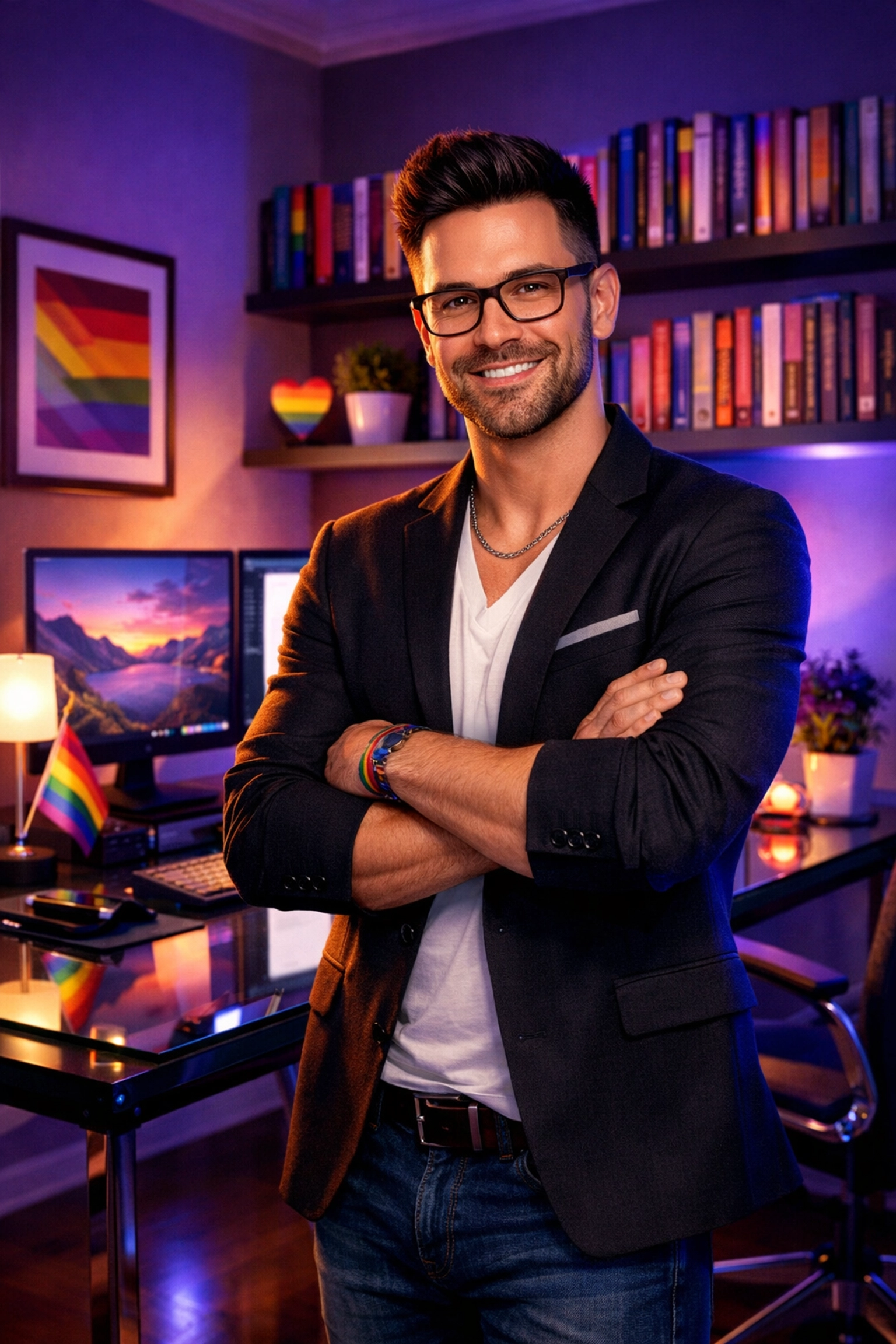 A successful gay author in his home office publishing an MM romance series on Read with Pride.