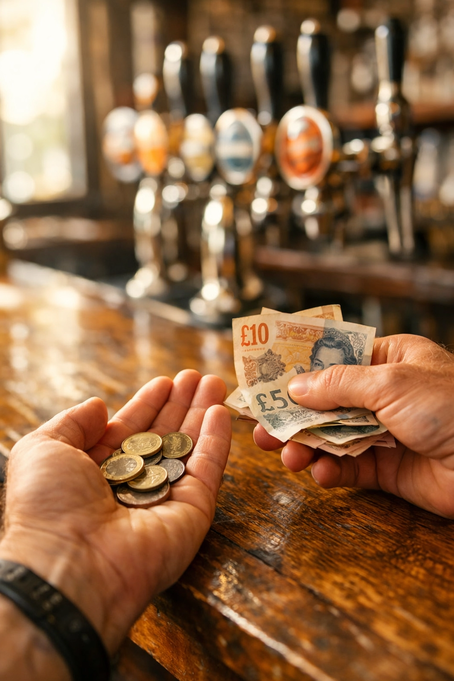Money and coins at Brighton taproom bar highlighting increased beer duty and pint costs