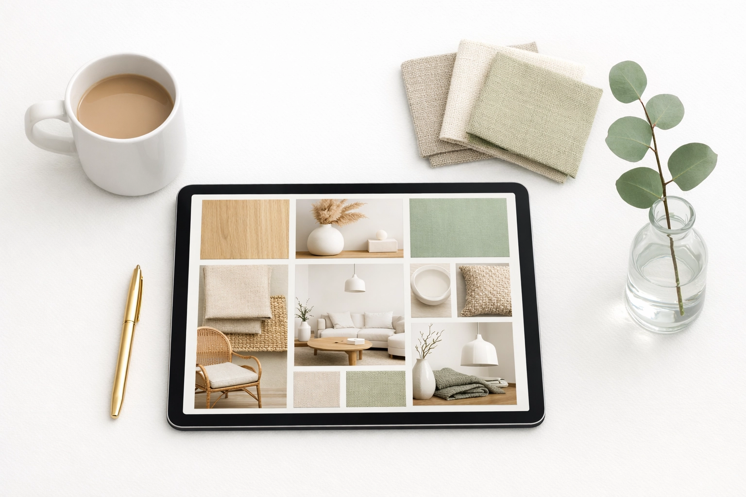 Modernize Methods interior design mood board and fabric swatches for visual design planning.