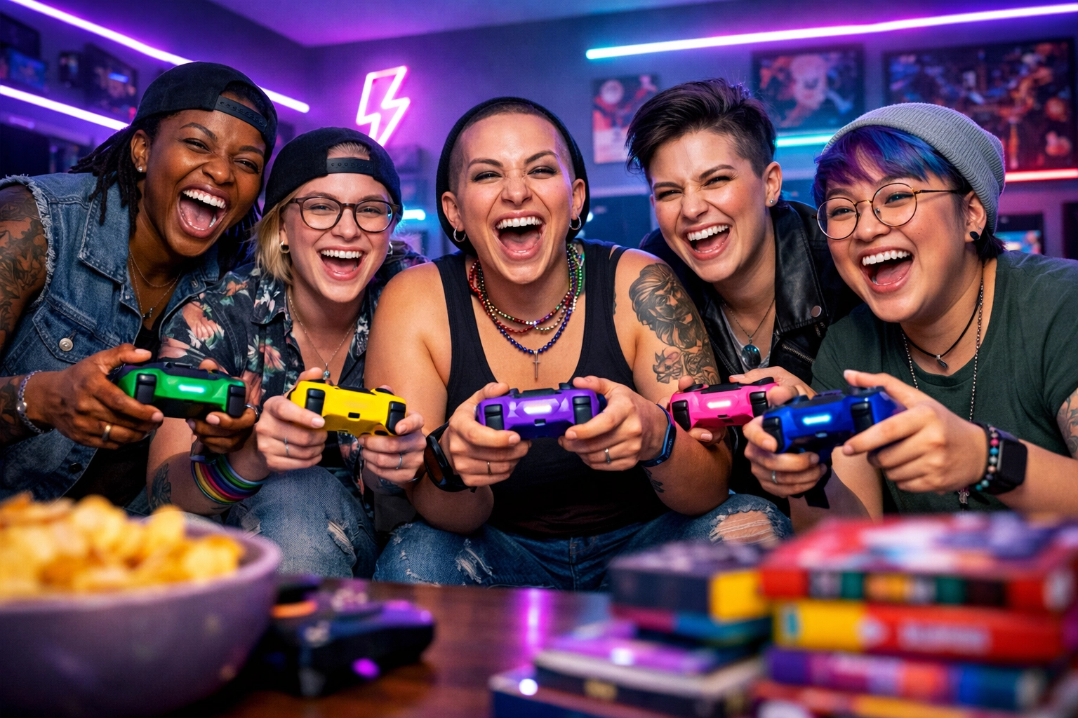 A diverse group of LGBTQ+ friends playing video games together, highlighting geeky queer hobbies and social groups.