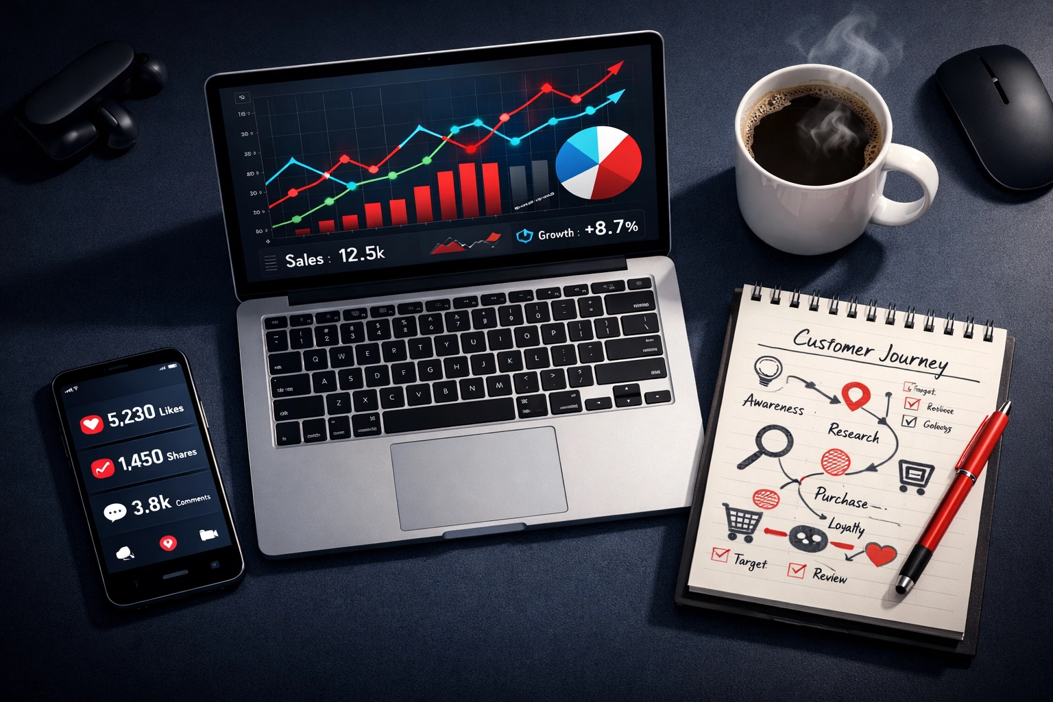 Market research workspace with analytics and customer data for validating online business ideas