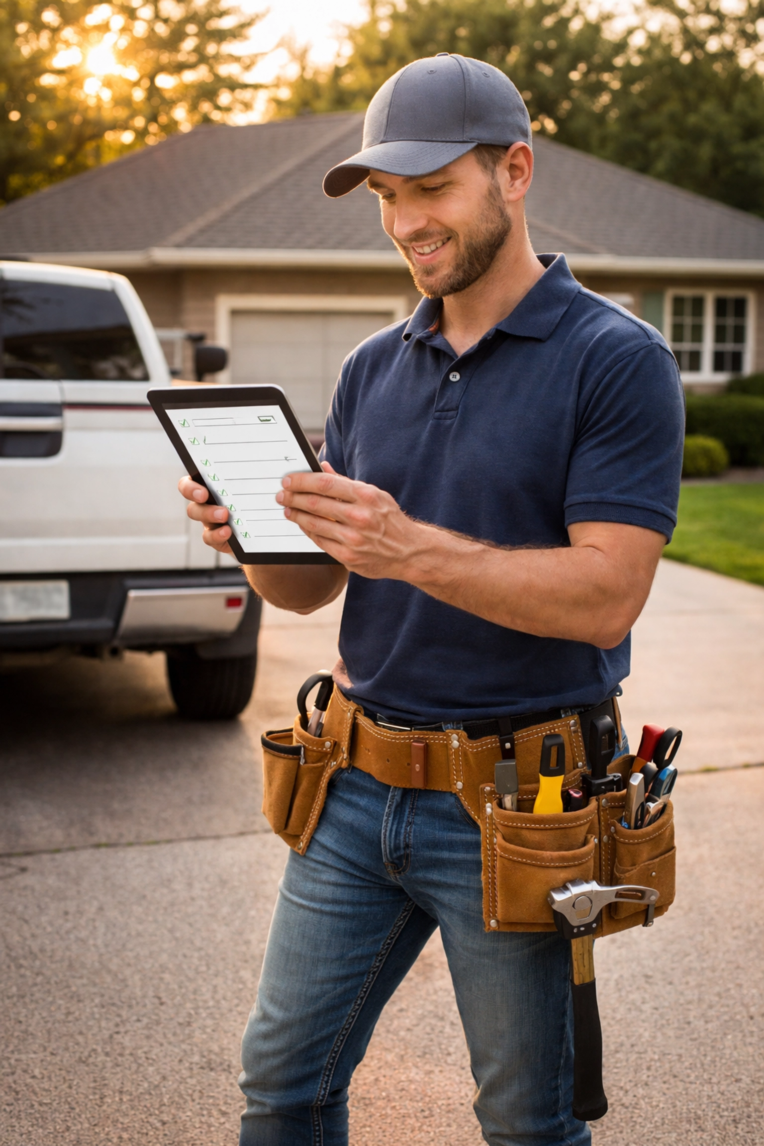 Roofing contractor using a tablet and CRM app on a residential job site for mobile lead management