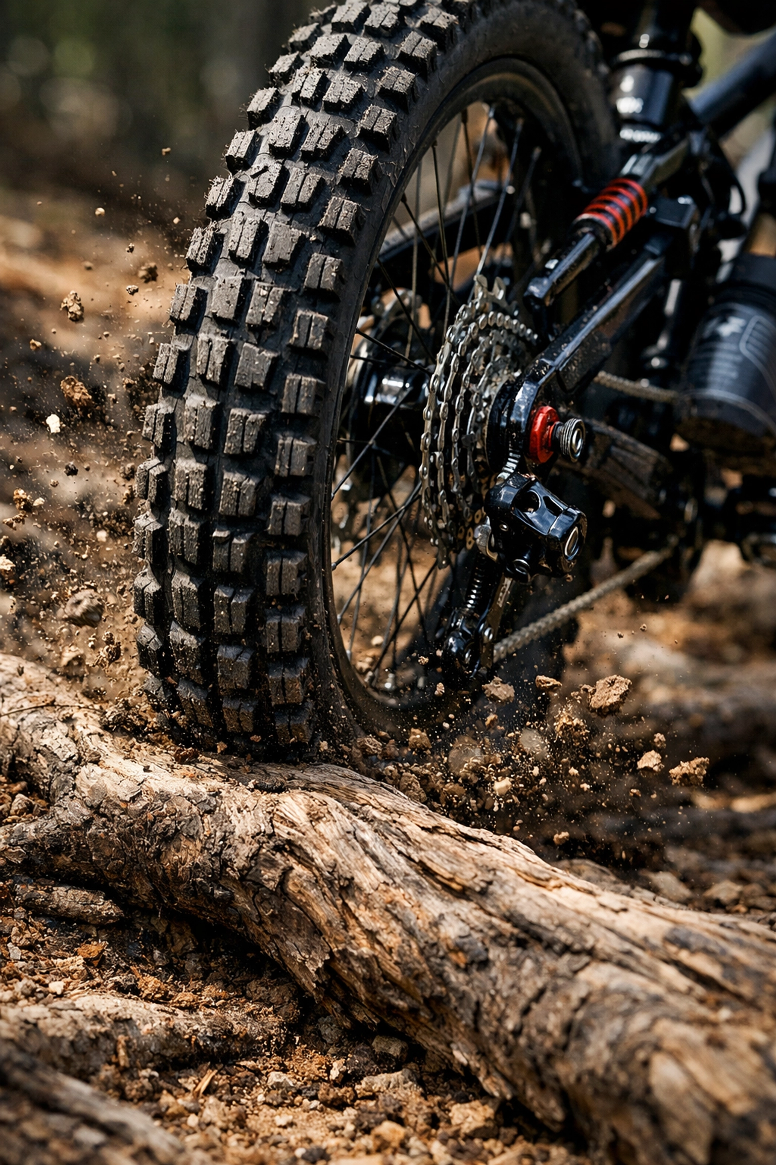 Mountain bike suspension compressing over root obstacle on technical trail