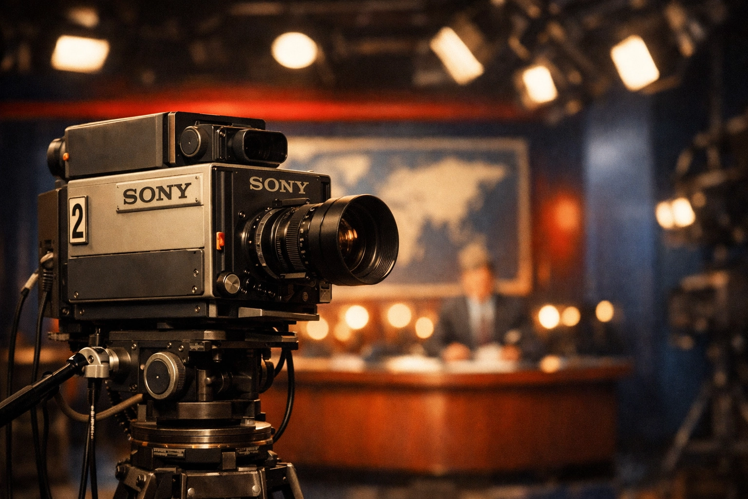 Vintage newsroom camera in studio setting for 10 PM news brief