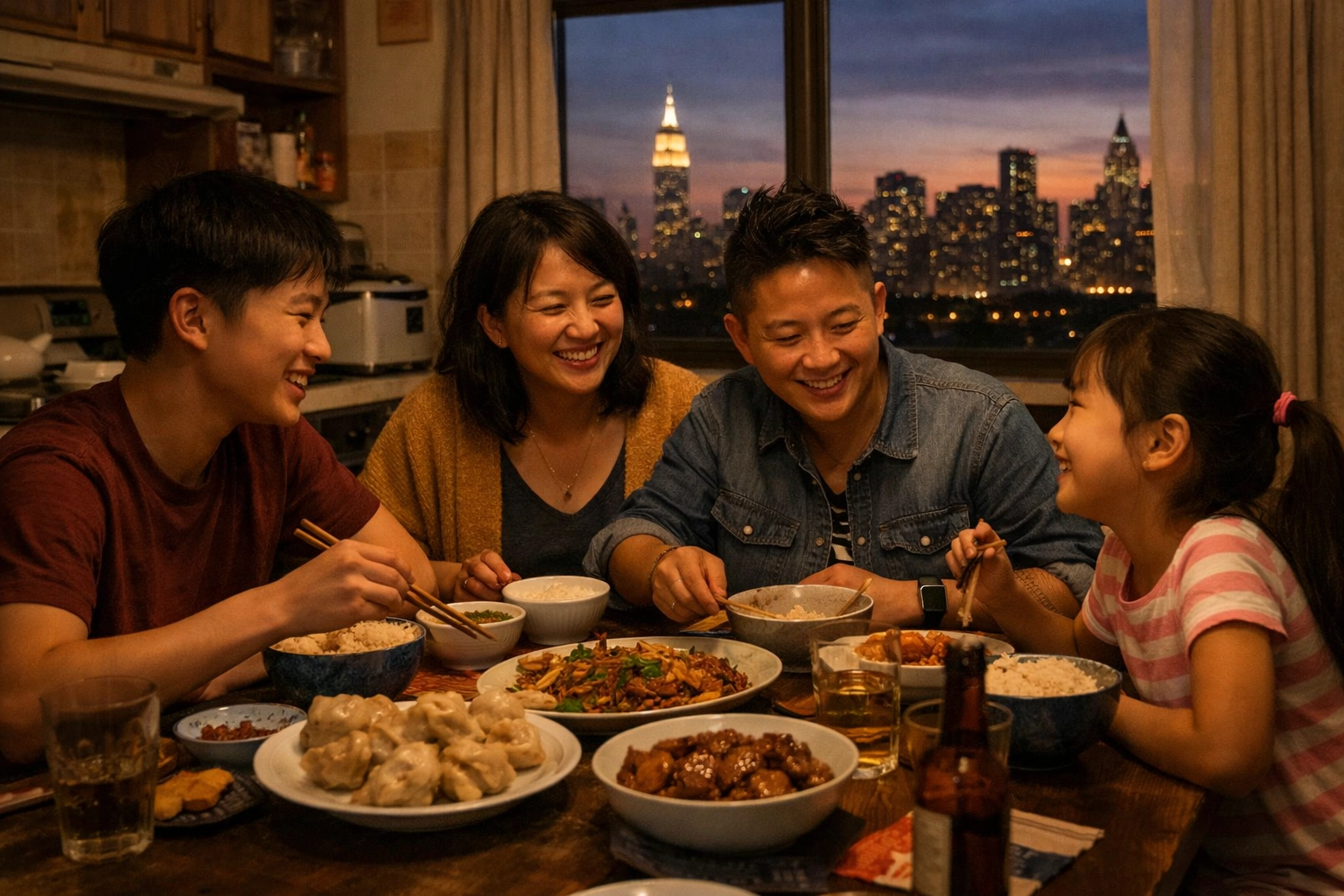 Asian-American family with gay son sharing dinner in Queens NYC apartment