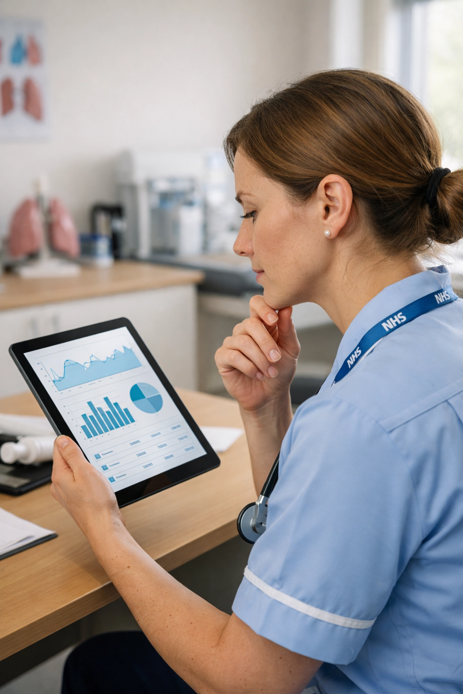 NHS clinician reviewing patient data on a tablet to enhance respiratory care UK services.