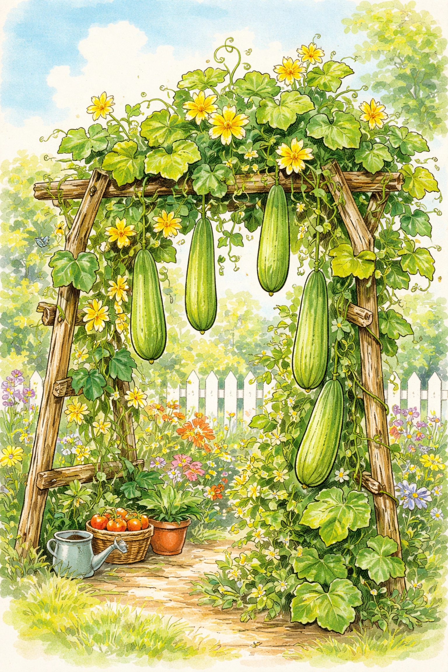 Lush loofah vines climbing a wooden trellis in a summer backyard garden, with long green gourds and yellow flowers.