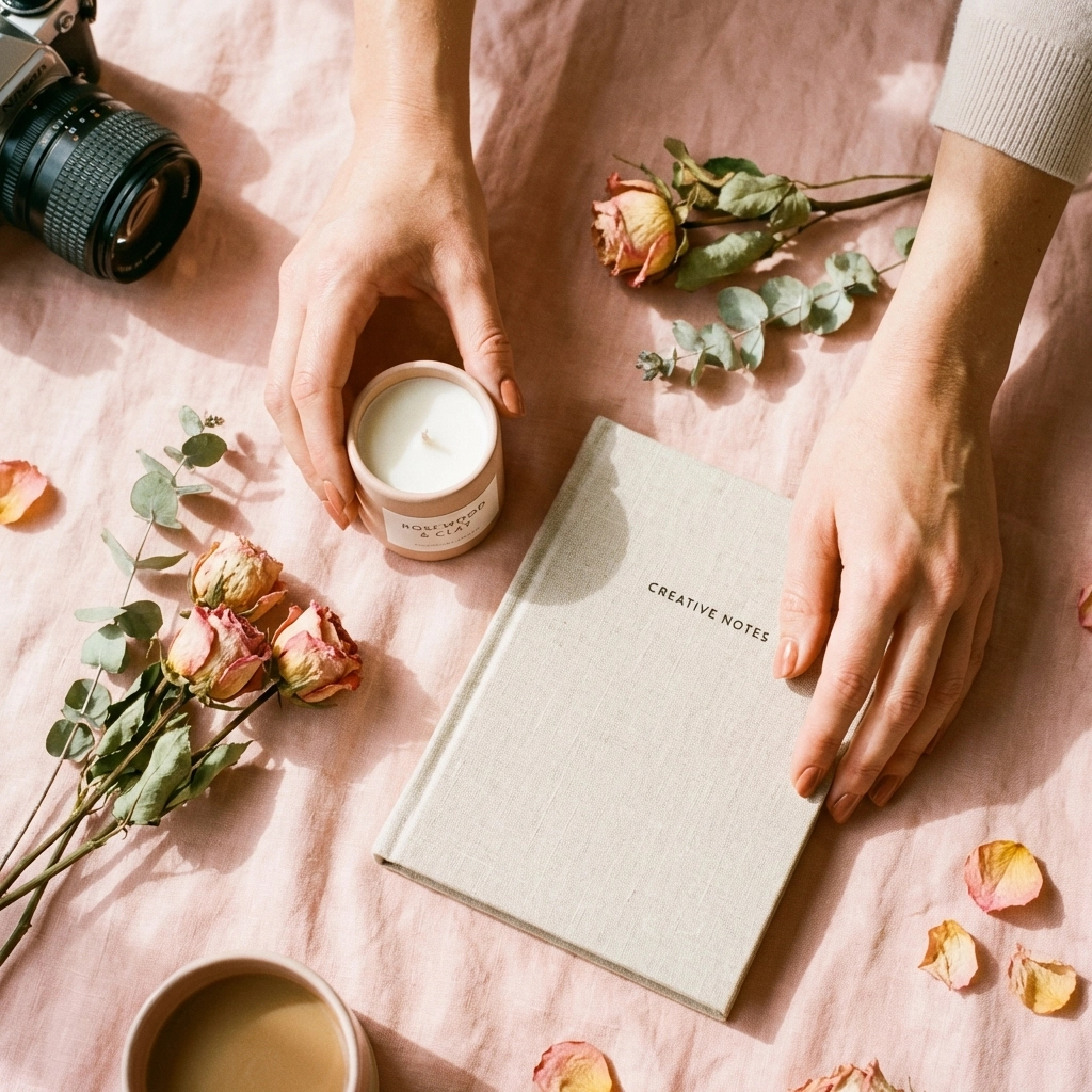 Hands arranging creative flat-lay on pink background, demonstrating easy content creation for camera-shy users