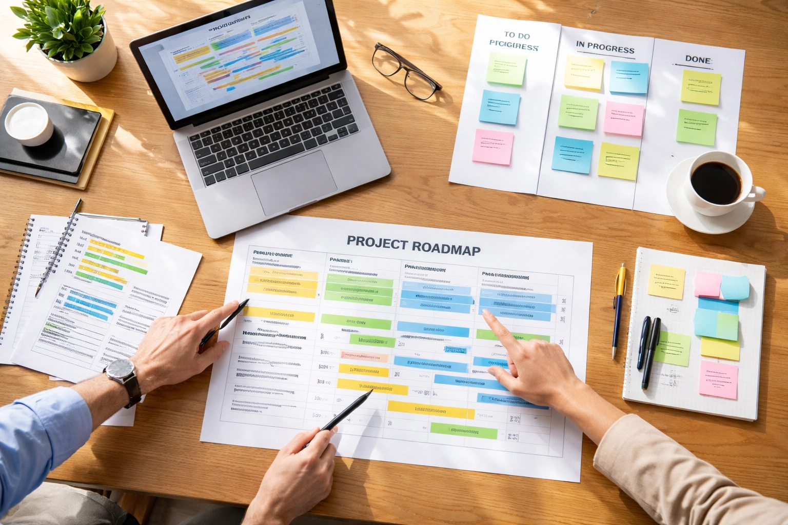 Overhead view of professionals planning a ServiceNow rollout with roadmaps and timelines, illustrating project management best practices.
