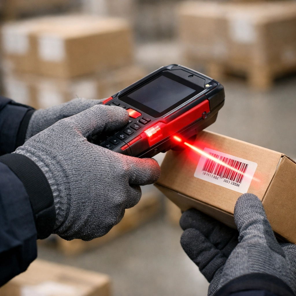 Logistics specialist scanning retail packages for accurate inventory management and fast order fulfilment.