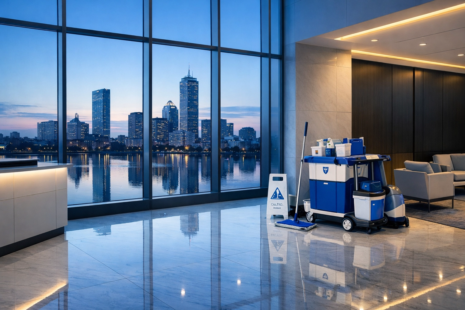Pristine Boston corporate lobby at dawn, showing the professional results of a Ninja Ops Commercial Cleaning Boston visit.