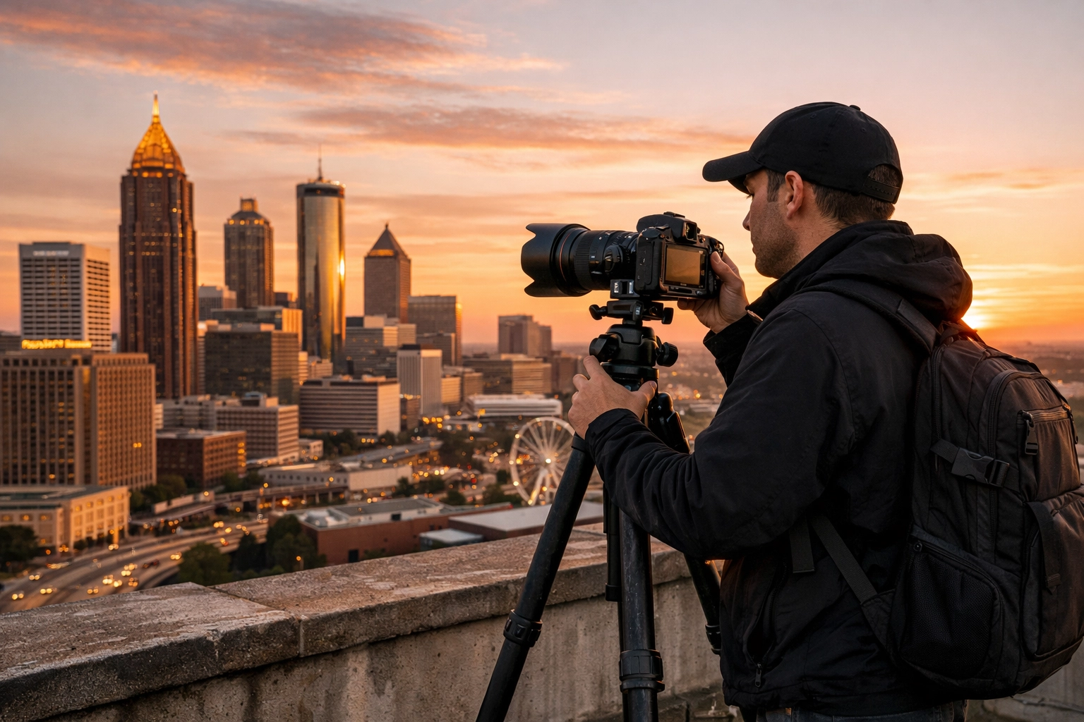 Professional photographer capturing the Atlanta skyline at golden hour to build a standout creative profile.