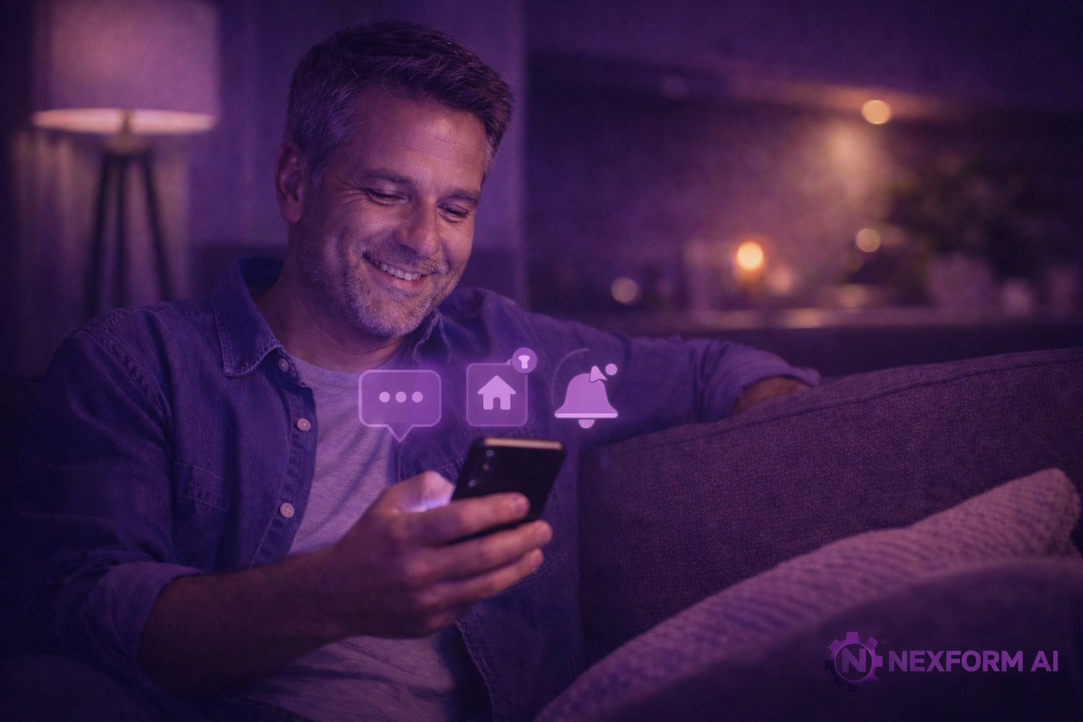 Relieved homeowner checking property sale updates on a smartphone at night via AI automation.