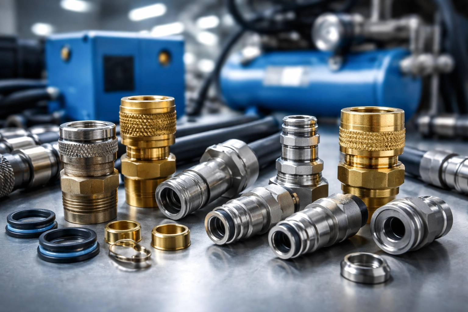 Close-up of compressed air system fittings and pipe joints with a screw-type compressor, highlighting maintenance and leak prevention