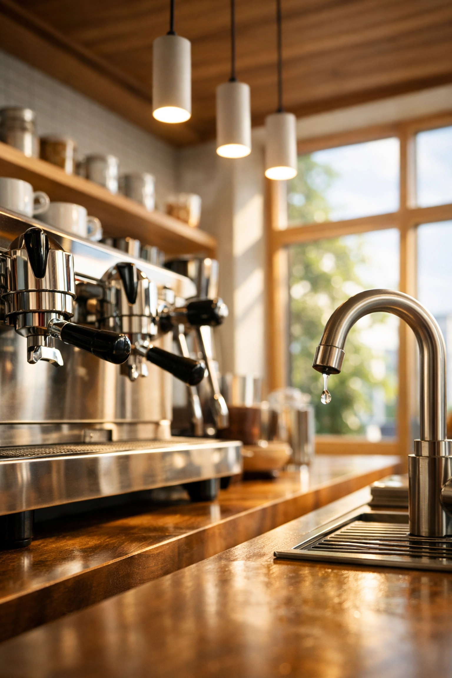 Modern café interior with energy-efficient espresso machine and LED lighting