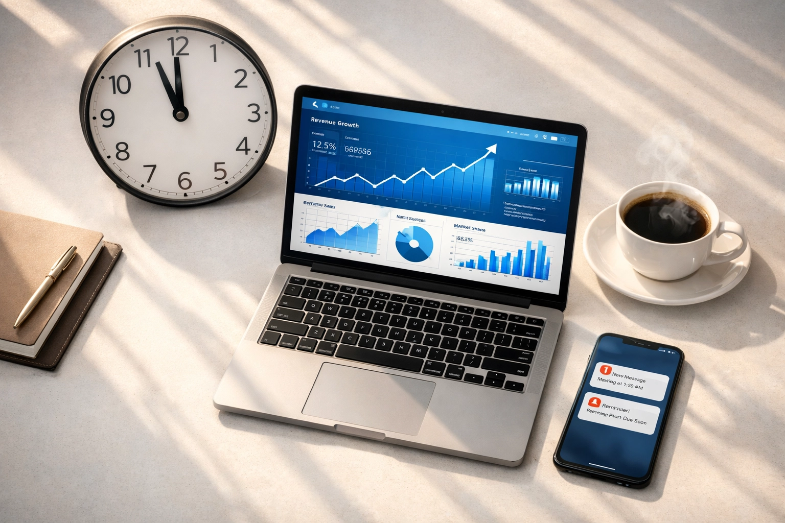 Strategic workspace showing 11AM press release timing with analytics dashboard and business planning tools