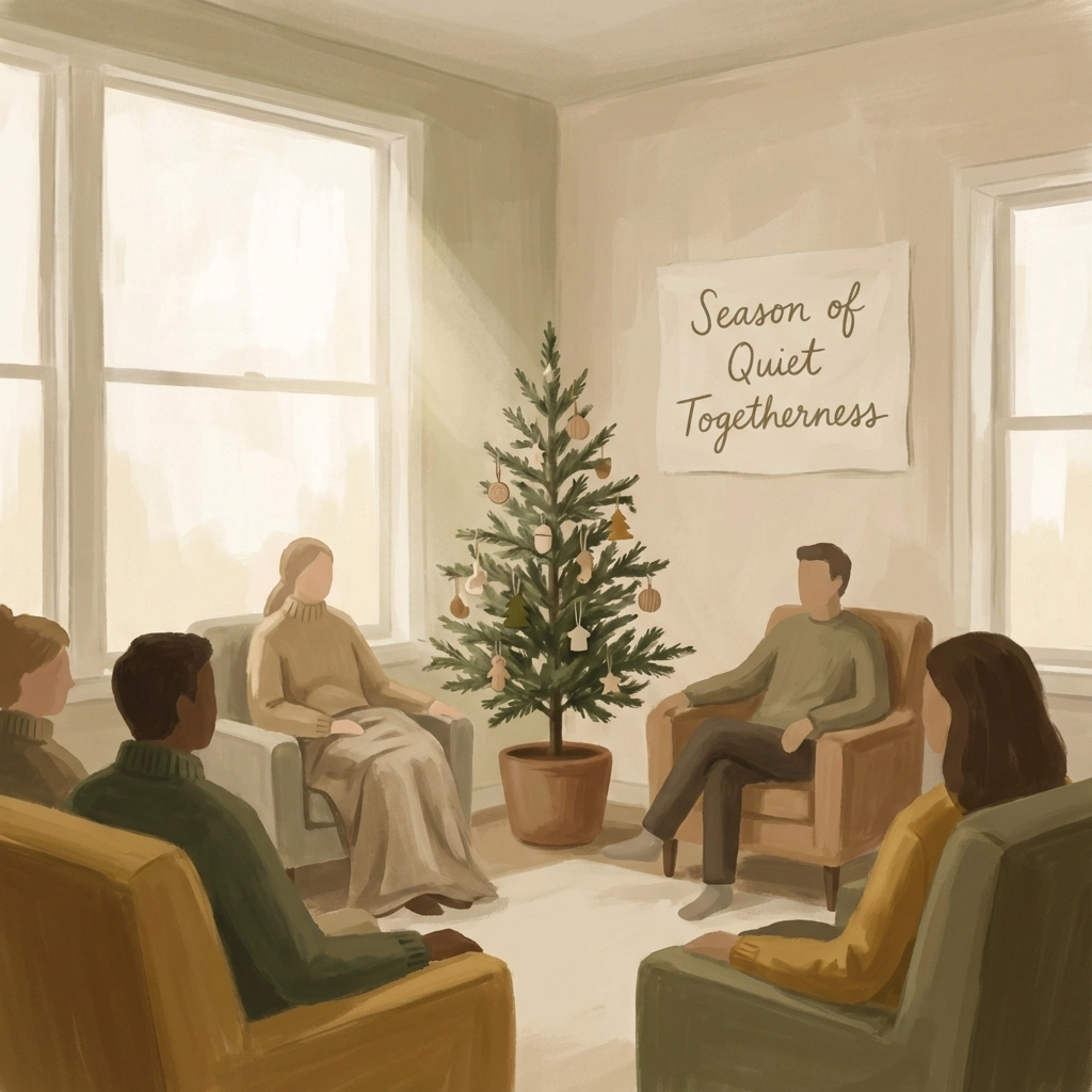 Four people sit around a decorated tree in a cozy room with large windows. A sign reads "Season of Quiet Togetherness." Warm tones prevail.