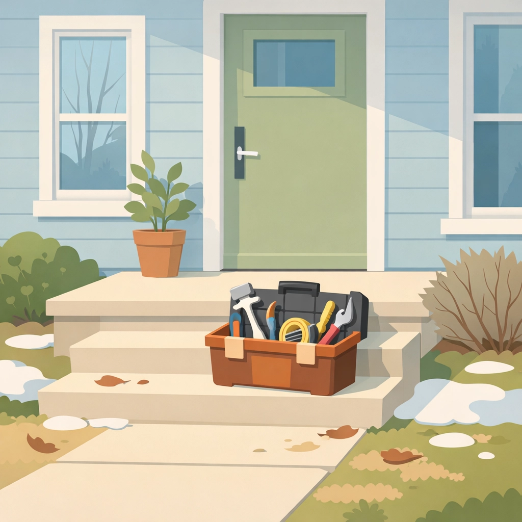 Home exterior with handyman toolbox ready for spring maintenance tasks in Vancouver