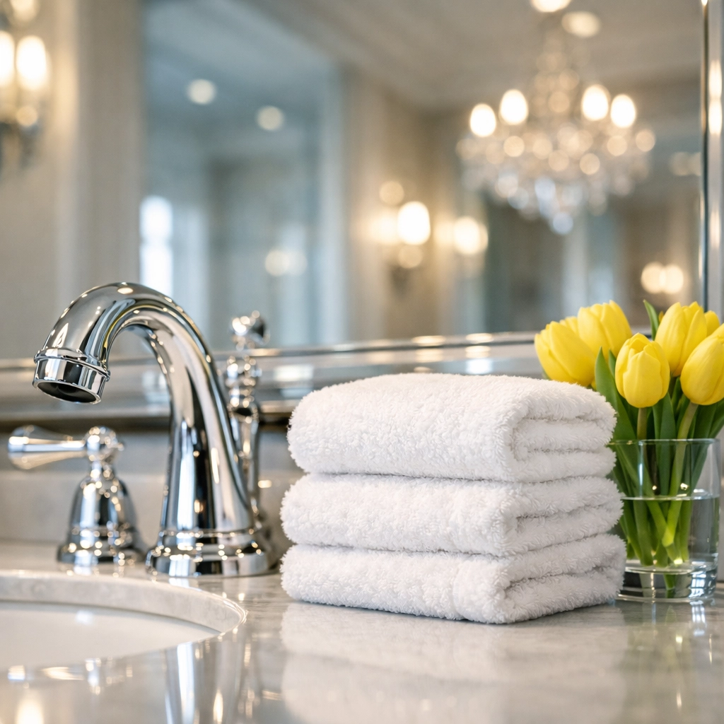 Streak-free bathroom vanity in a Scituate estate, part of a professional luxury residential cleaning service.