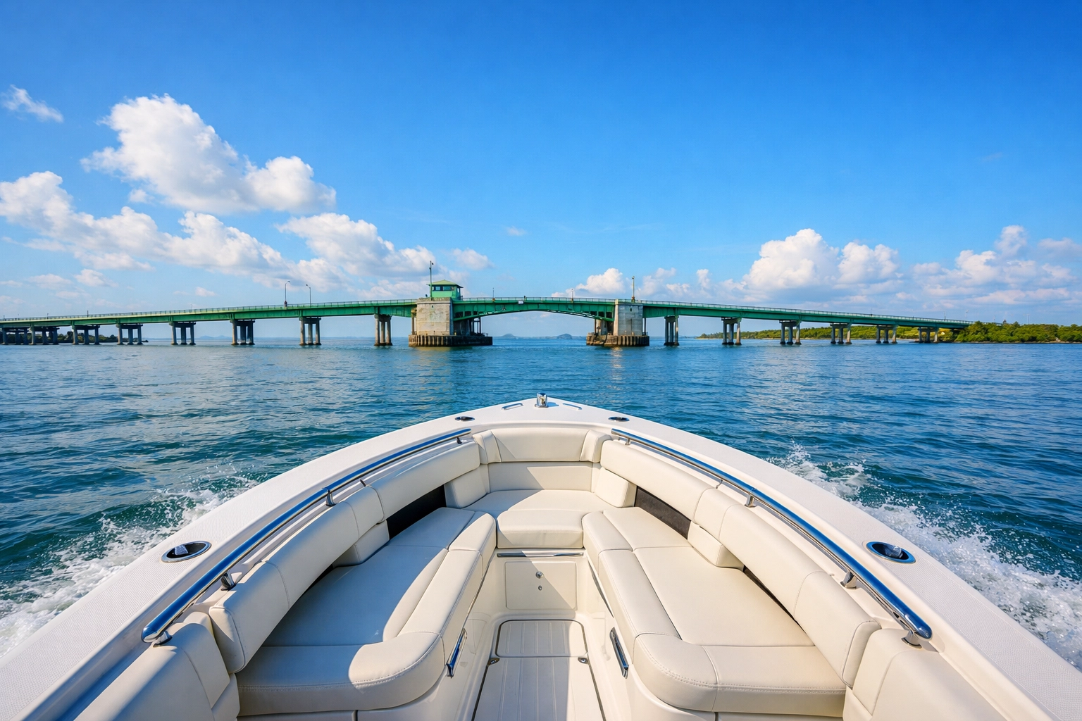 Boat approaching Matlacha Pass Bridge from Northwest Cape Coral with Gulf access route