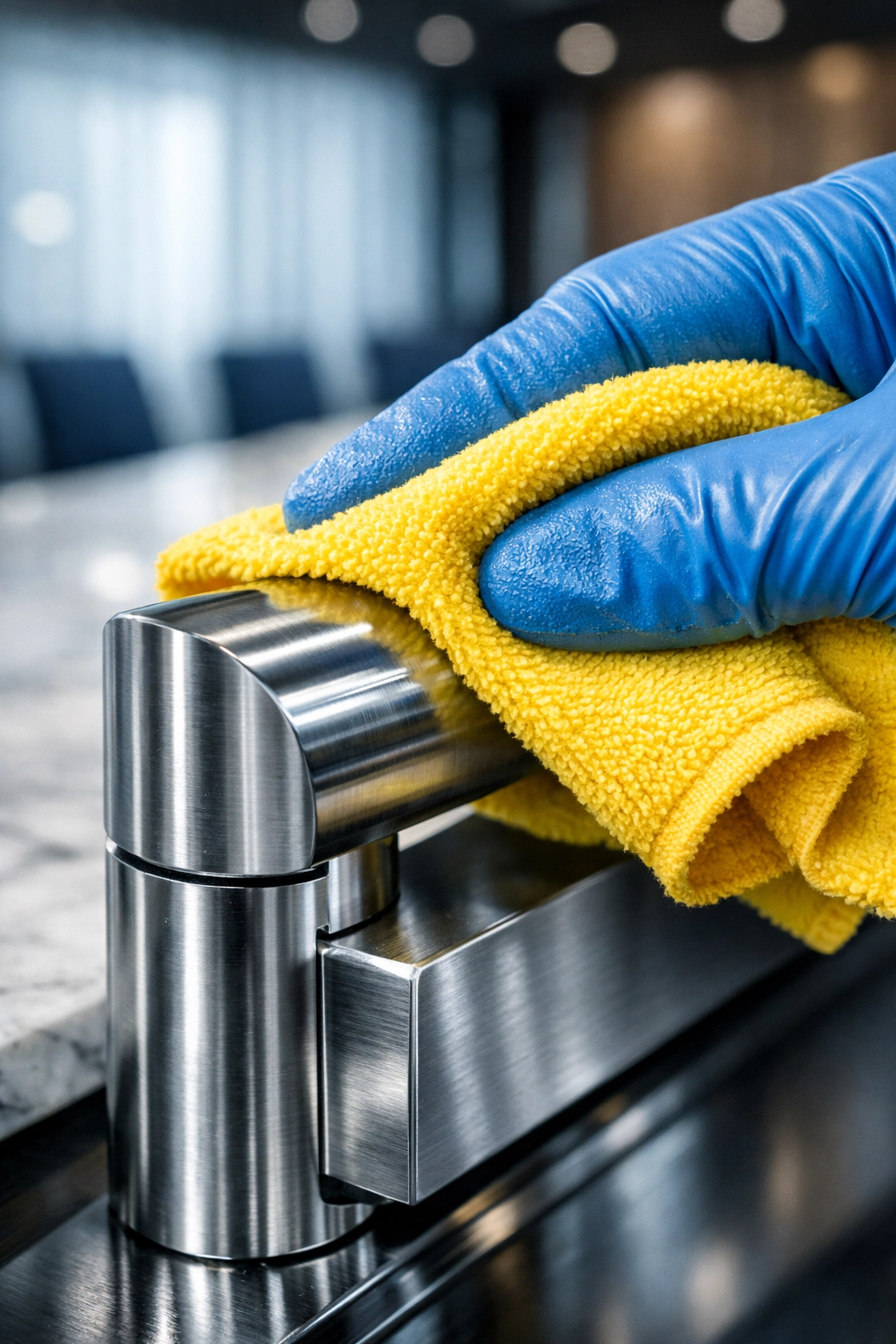 Detailed deep cleaning and sanitizing of a modern office fixture by a professional in Milford.