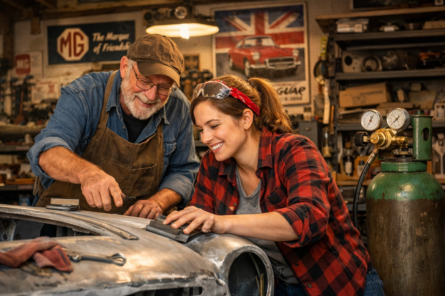 A father and daughter using a refillable gas bottle for a long-term classic car restoration project.