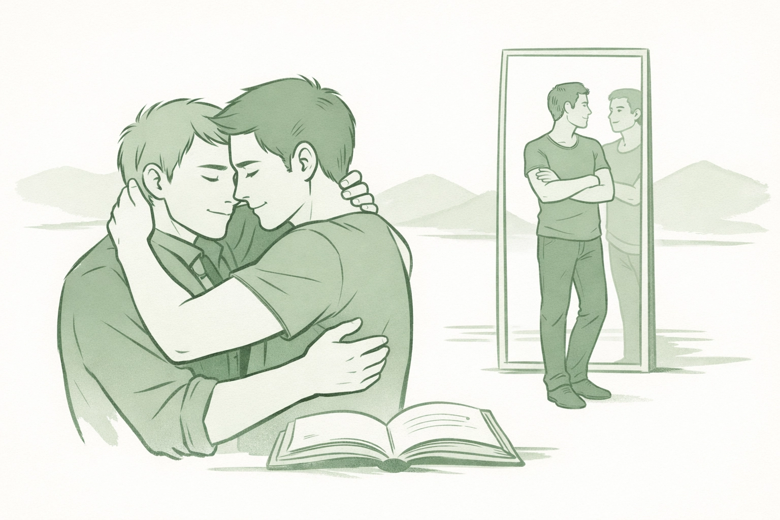 MM romance spectrum showing gay men embracing and man with reflection in autoromantic concept