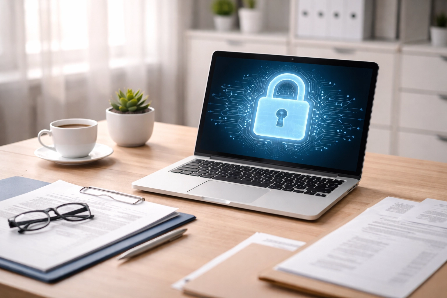 Modern tax office desk with laptop showing security icon, emphasizing tax firm cybersecurity and client data protection