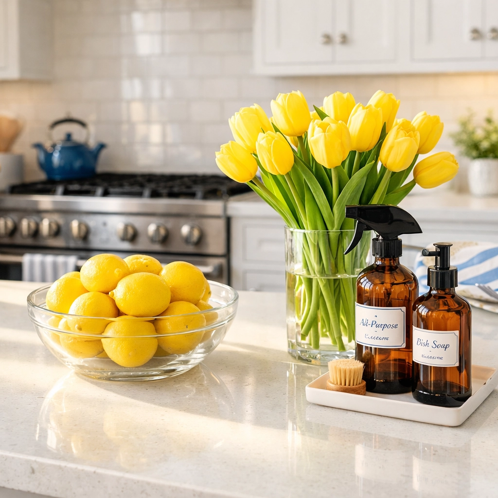 Eco-friendly luxury house cleaning in Marblehead featuring polished quartz counters and non-toxic cleaning products.