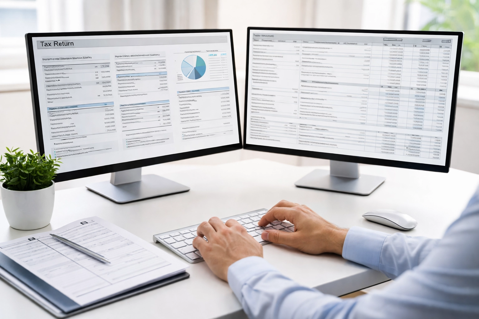 Hands typing at minimal dual-screen workstation, showing ERO-enabled streamlined tax filing