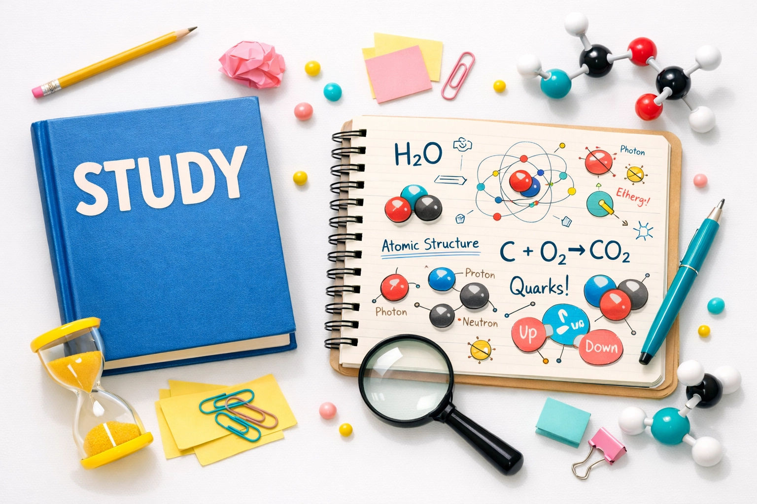 Molecular models and open notebook illustrating deep science understanding beyond textbook memorisation