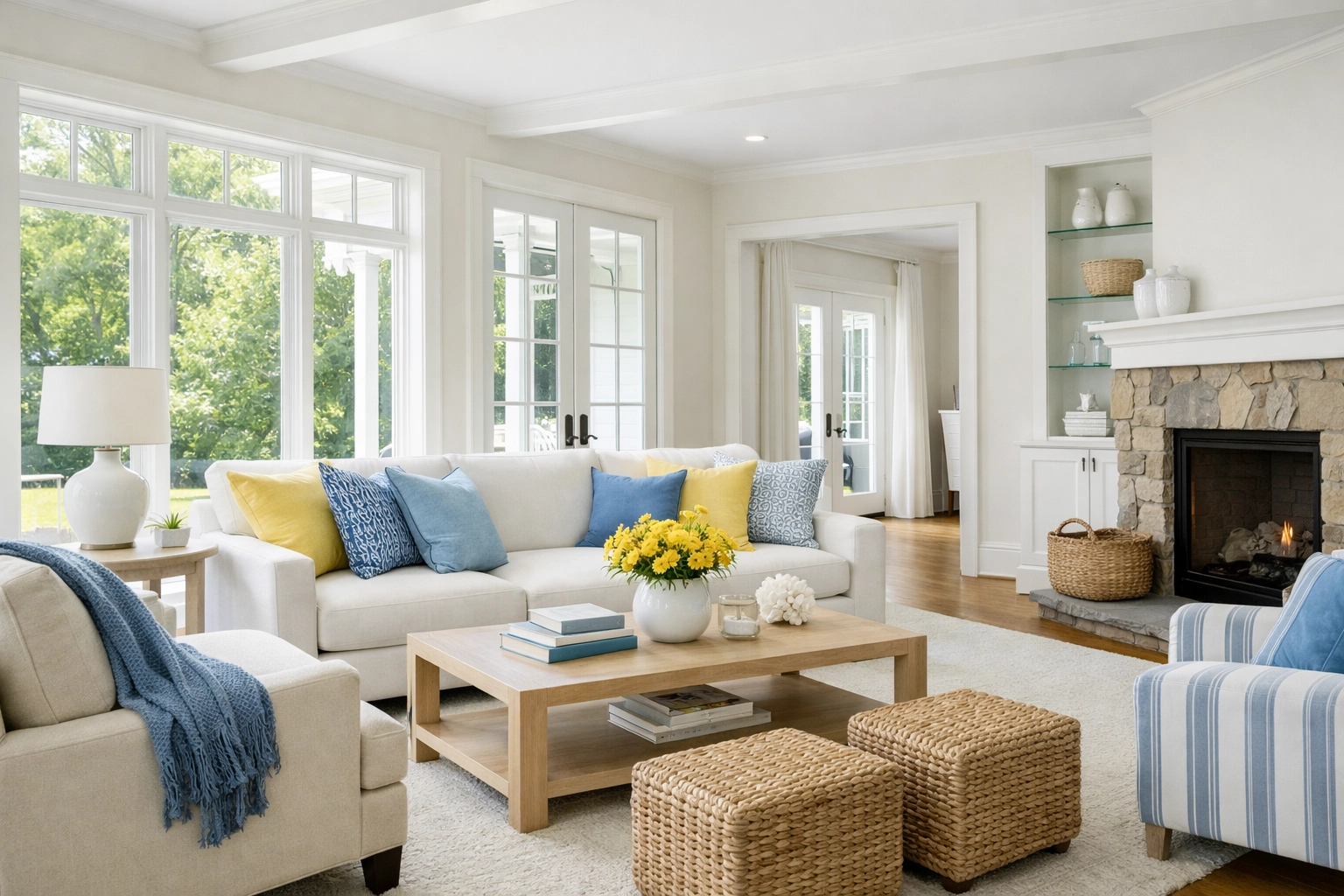 Sunlit, minimalist Wayland living room with blue, white, and yellow accents—clean air and calm vibes.