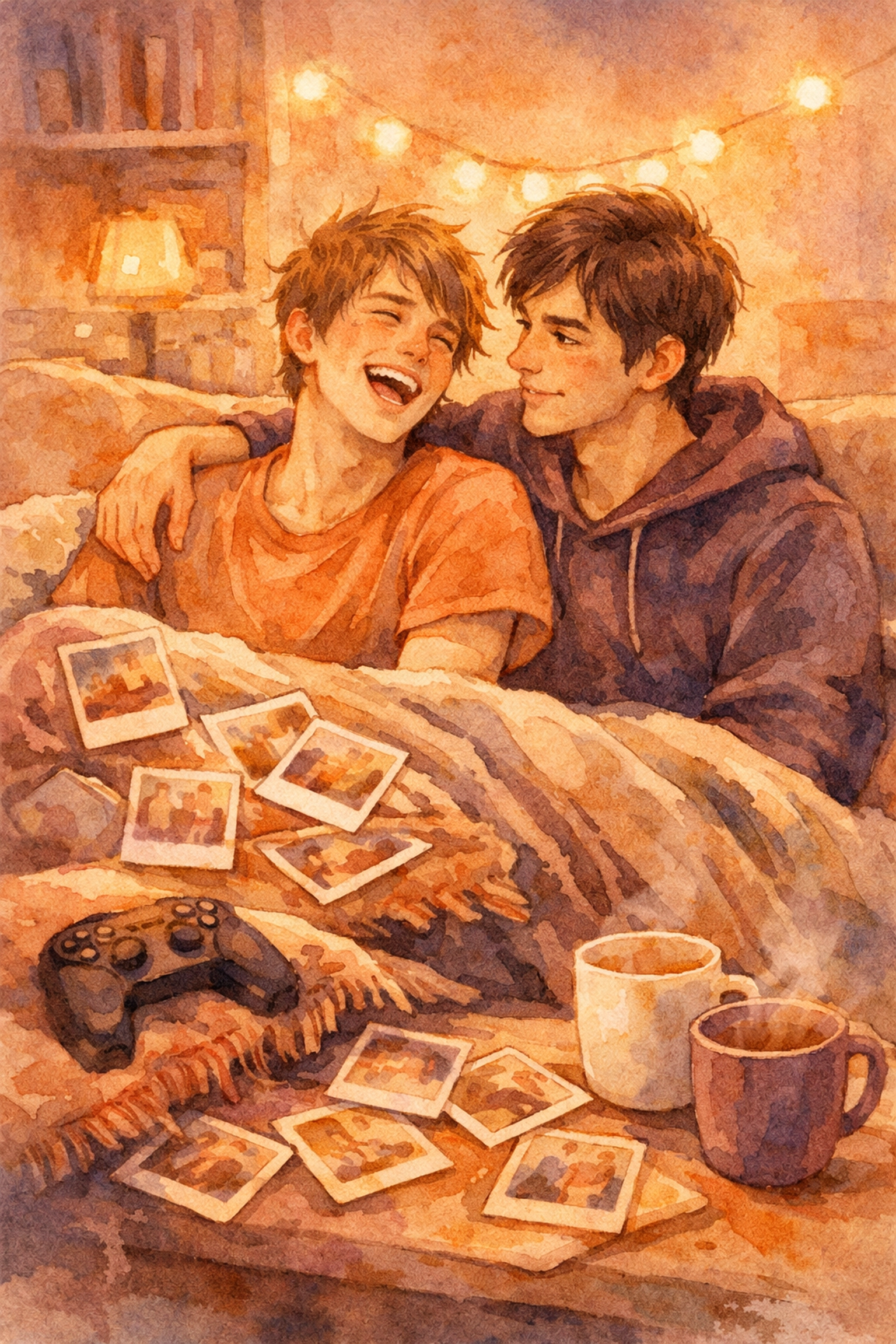 Two male friends sharing a cozy moment surrounded by memories in MM romance friends to lovers story