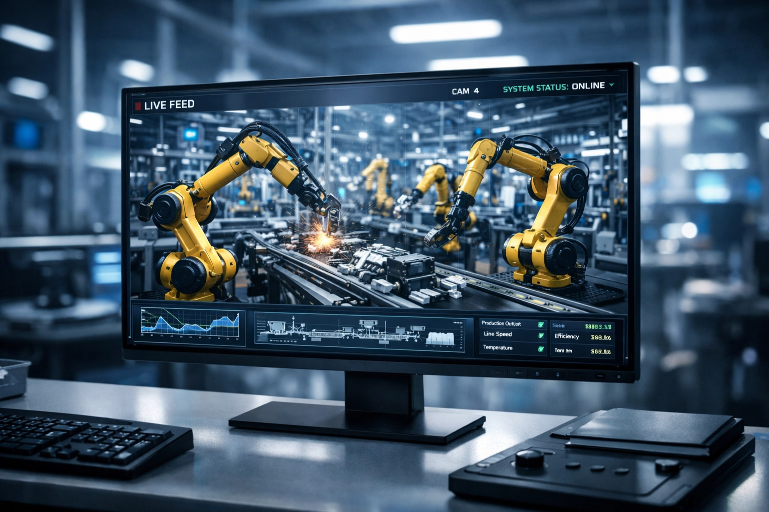 High-definition monitor showing a live security feed of a robotic manufacturing production line.